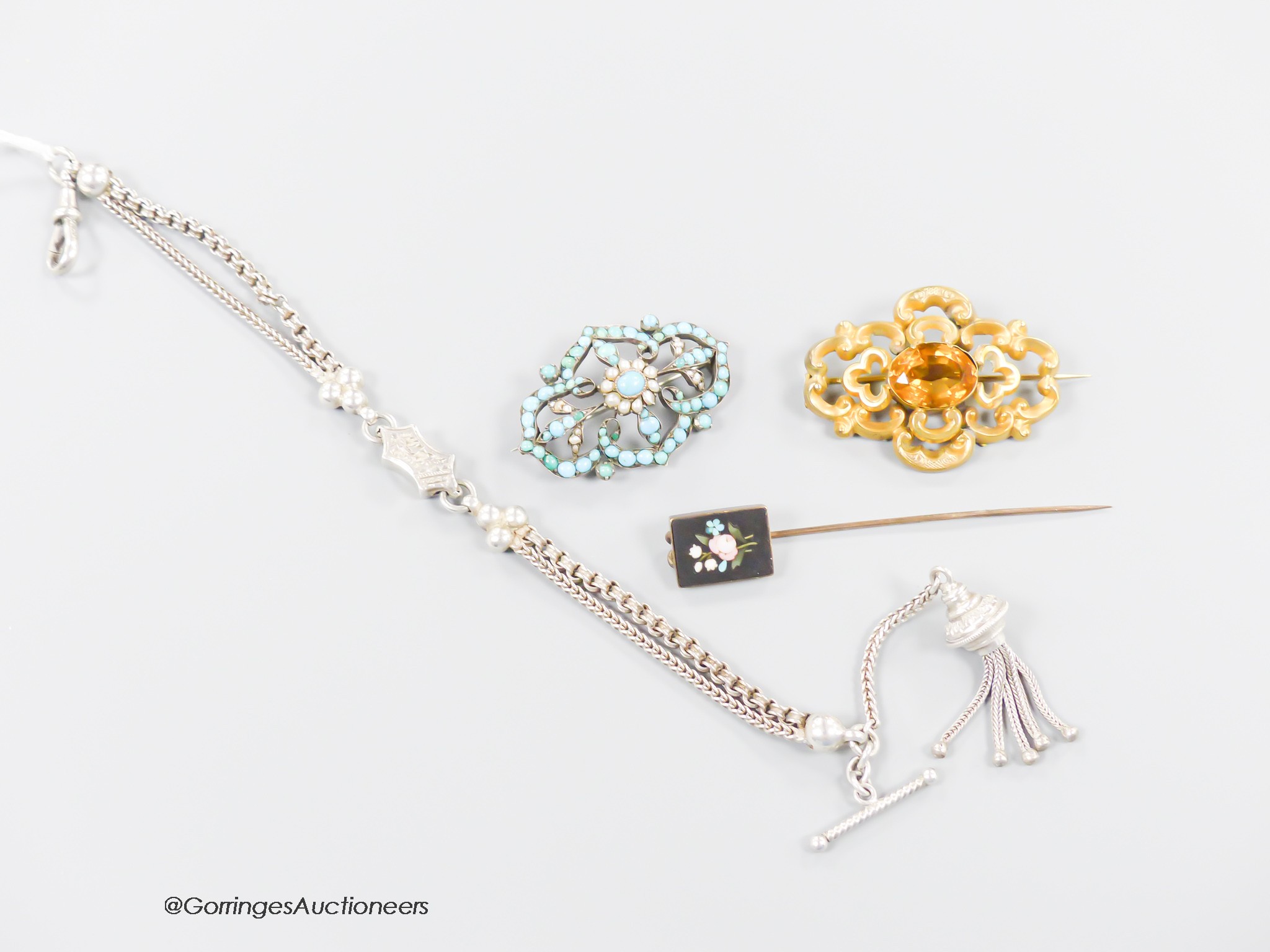 A George V silver albertina, 27cm, an Edwardian yellow metal and citrine brooch, a turquoise and seed pearl brooch and a yellow metal and pietra dura set stick pin.